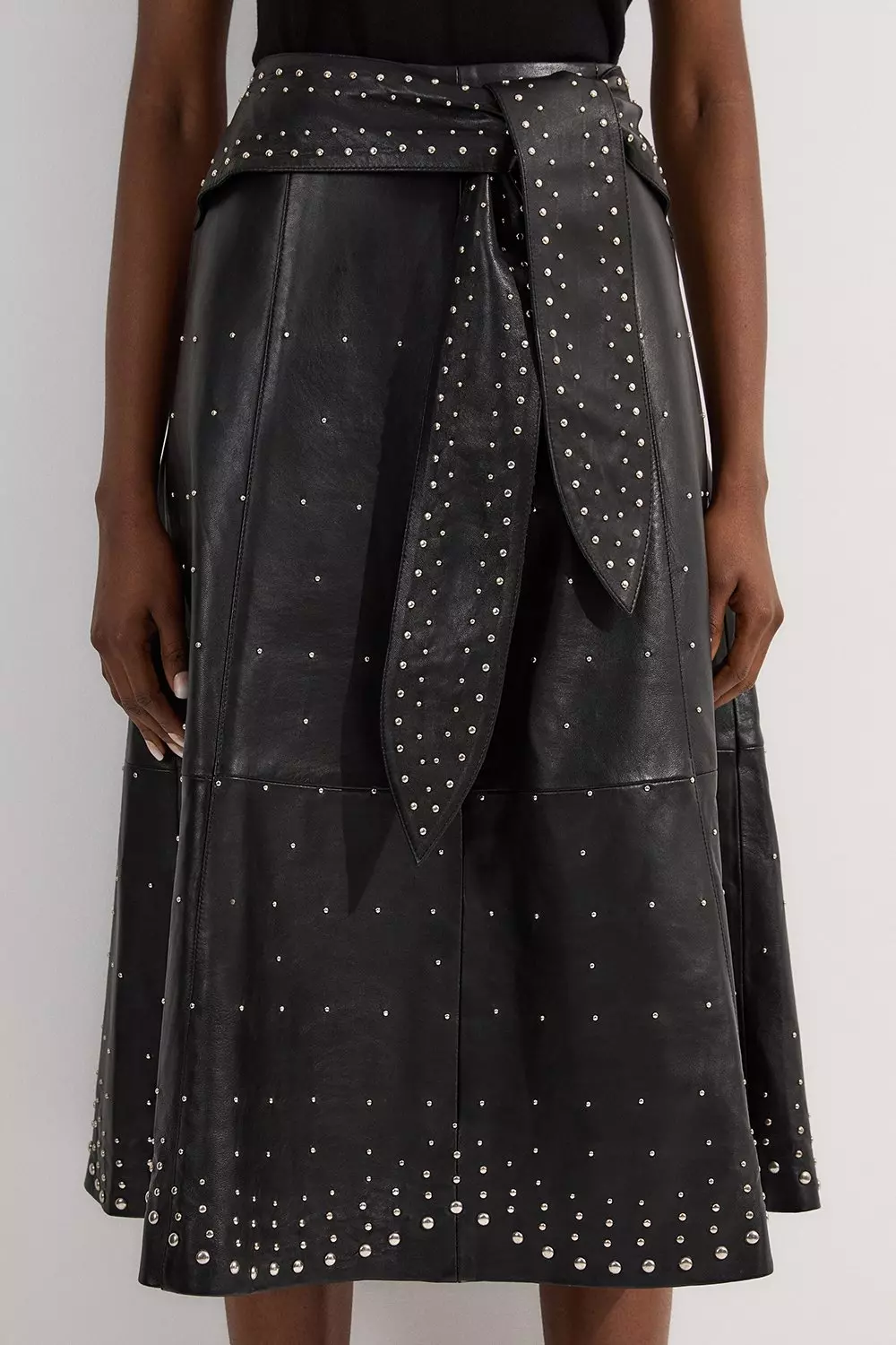 Black Studded Leather Tie Belted Full Midi Skirt alternative image