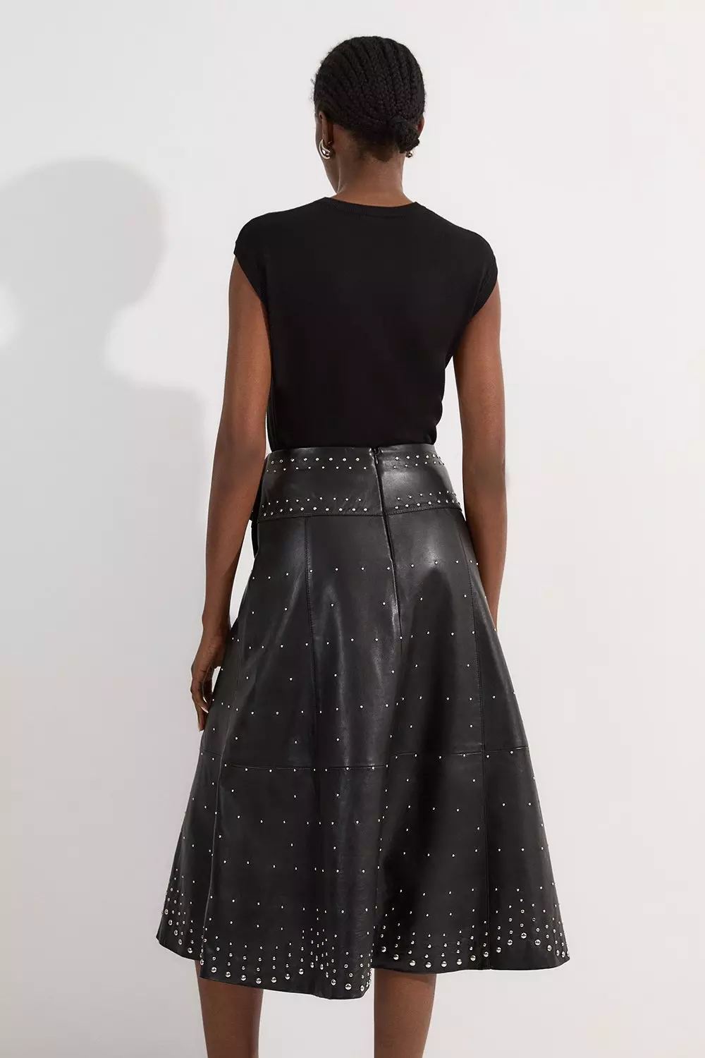 Black Studded Leather Tie Belted Full Midi Skirt alternative image