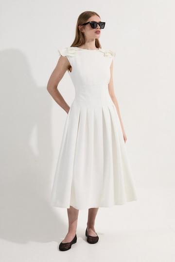 Structured Crepe Ruffle Shoulder Tailored Full Skirted Midi Dress ivory