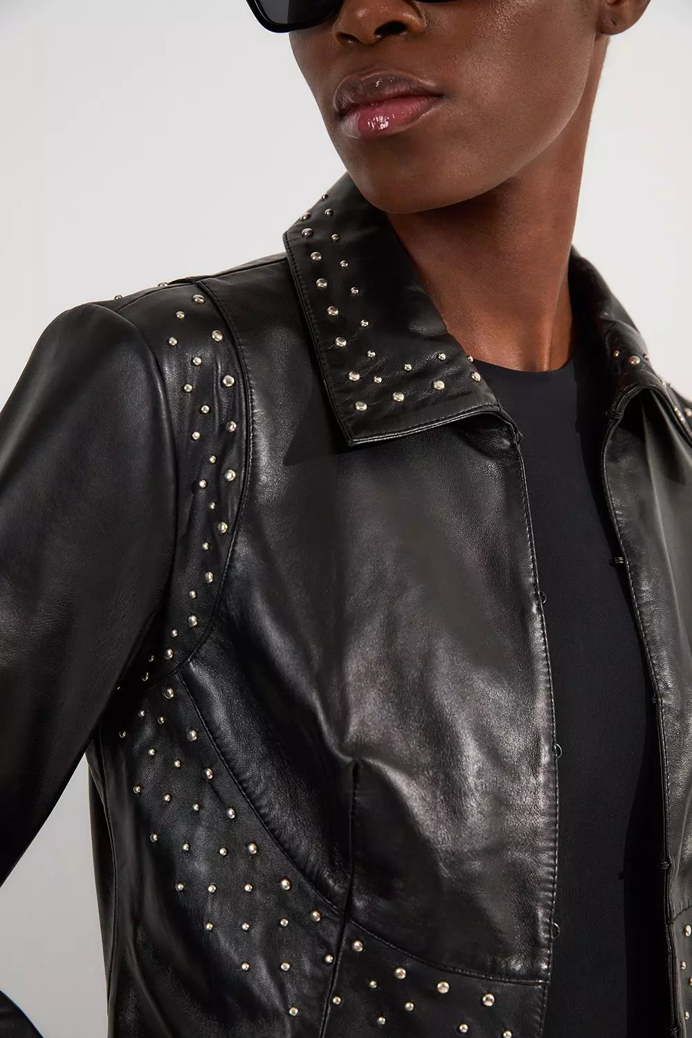 Black Studded Leather High Collar Tailored Jacket alternative image