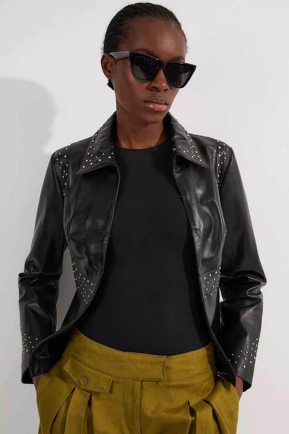 Black Studded Leather High Collar Tailored Jacket alternative image