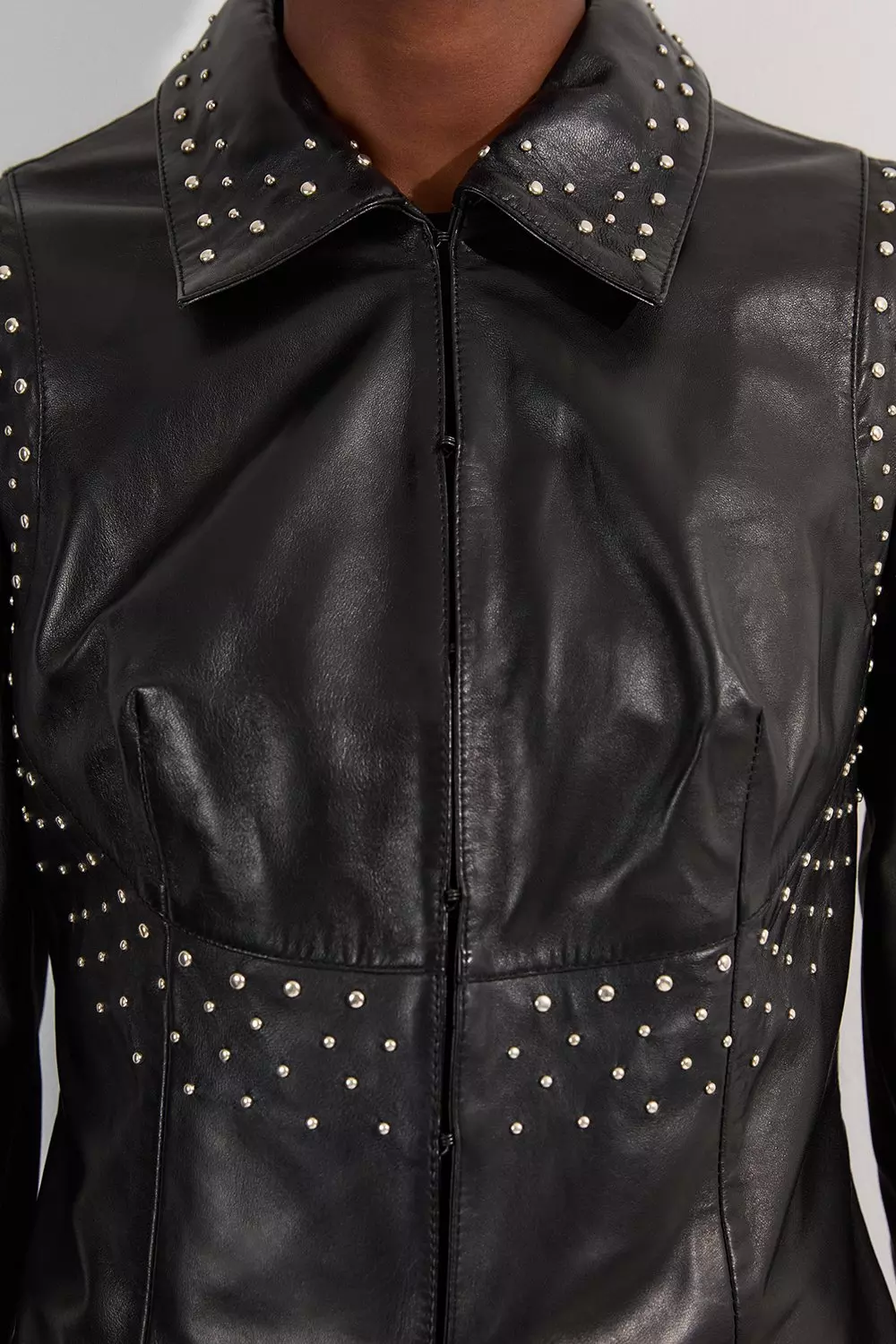 Black Studded Leather High Collar Tailored Jacket alternative image