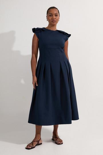 Plus Size Structured Crepe Ruffle Shoulder Tailored Full Skirted Midi Dress navy