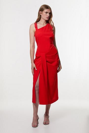 Red Tailored Asymmetric Neck Strappy Detail Dress