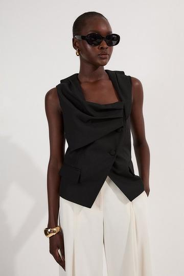 Black Tailored Drape Detail Sleeveless Jacket