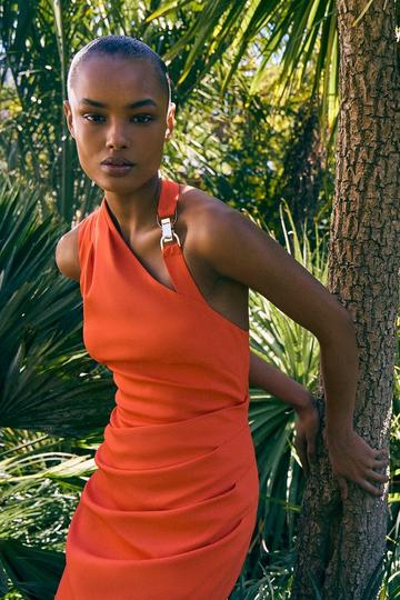 Polished Tailored Asymmetric Back Midi Dress coral