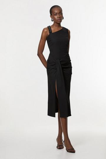 Petite Tailored Asymmetric Neck Strappy Detail Dress black