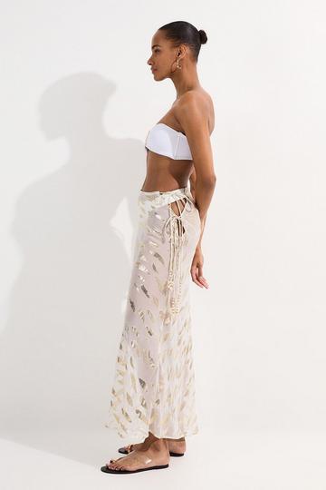 Beach Metallic Thread Tie Waist Maxi Skirt ivory