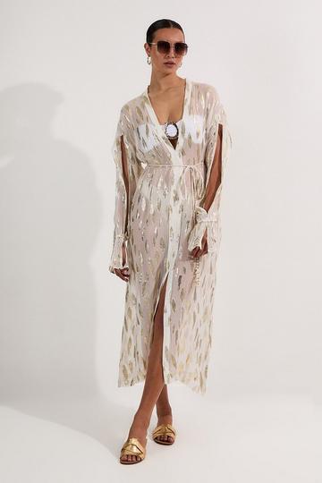 Beach Metallic Thread Plunge Shirt Maxi Dress ivory