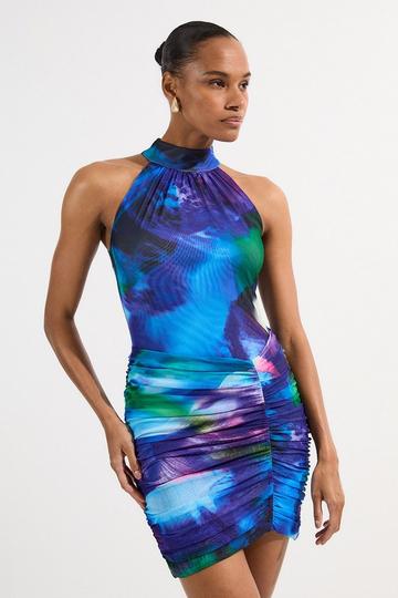 Petite Printed Mesh Jersey Halter Neck Mini Dress purple