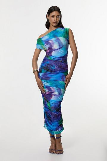 Petite Printed Mesh Jersey One Shoulder Midi Dress purple