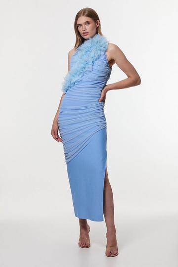 Blue Gathered Fabric Bandage Knitted Maxi Dress