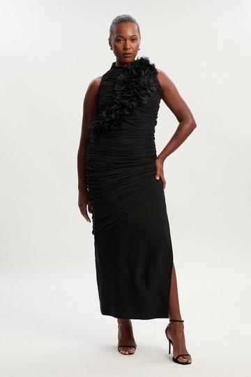 Black Plus Size Gathered Fabric Bandage Knitted Maxi Dress