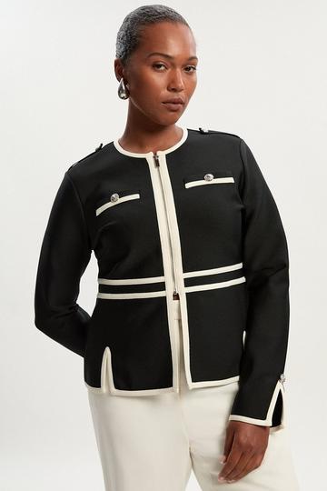Plus Size Figure Form Bandage Military Contrast Piping Knit Split Hem Jacket mono