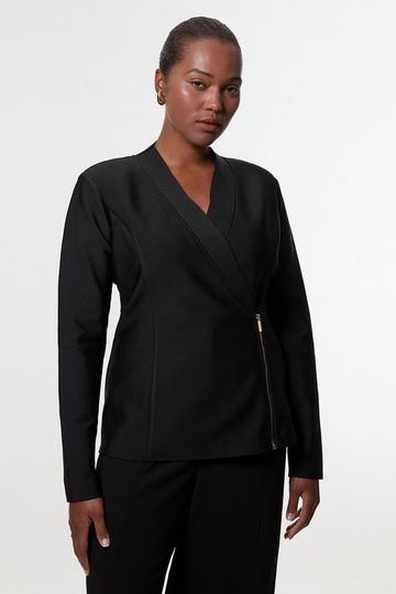 Black Plus Size Figure Form Bandage Knit Side Zip Longline Jacket