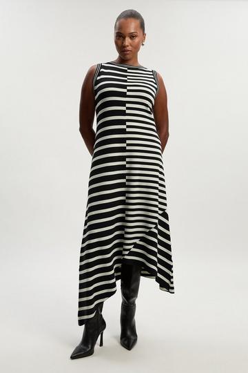 Plus Size Asymmetric Hem Cut About Stripe Sleeveless Knitted Midi Dress mono