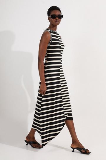 Petite Asymmetric Hem Cut About Stripe Sleeveless Knitted Midi Dress mono