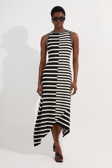 Asymmetric Hem Cut About Stripe Sleeveless Knitted Midi Dress mono