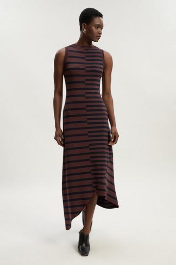 Asymmetric Hem Cut About Stripe Sleeveless Knitted Midi Dress navy