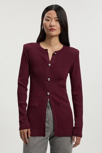 Burgundy Red Dome Button Longline Knitted Cardi