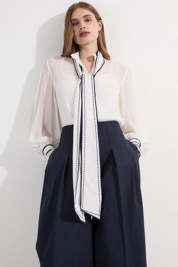 Archive Collection - Petite Balloon Sleeve Contrast Stitch Bow Woven Blouse ivory