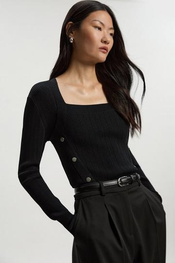 Black Dome Button Detail Knitted Top