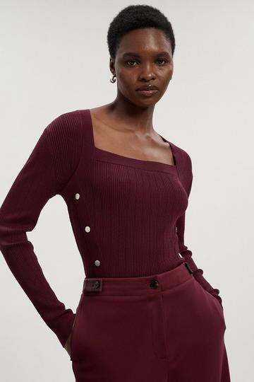 Dome Button Detail Knitted Top burgundy
