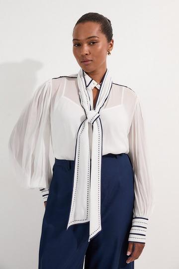 Archive Collection - Plus Size Balloon Sleeve Contrast Stitch Bow Woven Blouse ivory
