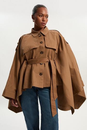 Plus Size Cape Detail Trench Coat camel