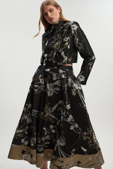 Floral Jacquard Tailored Full Midi Skirt black