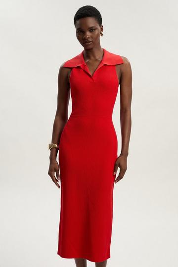 Ottoman Stitch Sleeveless Knitted Dress red