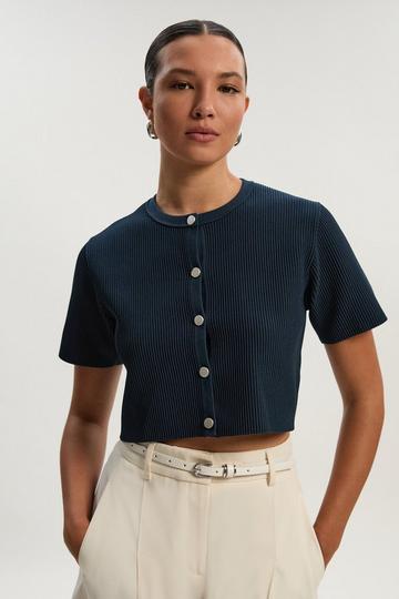 Ottoman Stitch Short Sleeve Knitted Cardi blue