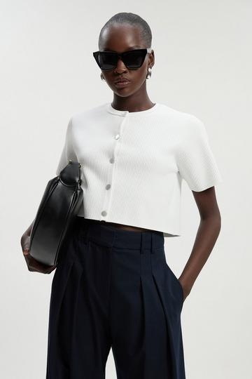 White Ottoman Stitch Short Sleeve Knitted Cardi