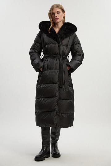 Premium Faux Fur Lined Padded Hooded Belted Midi Coat black