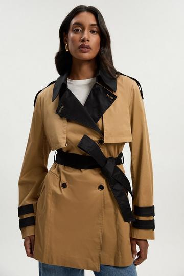 Petite Colour Block Belted Tailored Short Trench Coat camel