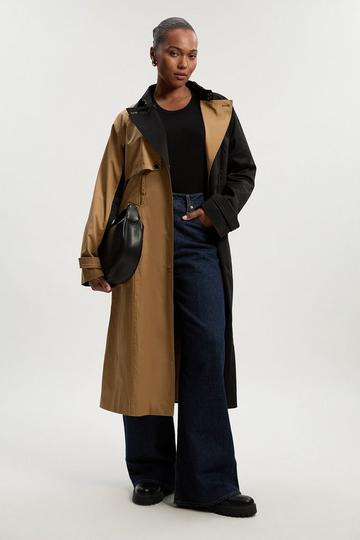 Plus Size Colour Block Belted Tailored Trench Coat camel