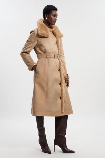 Faux Shearling Biker Longline Coat chocolate