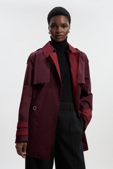 Colour Block Belted Tailored Short Trench Coat wine