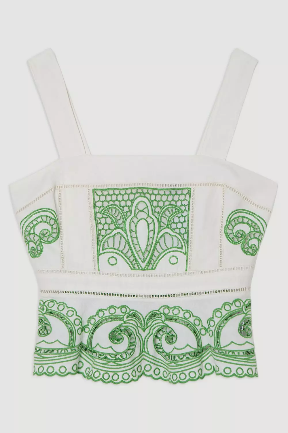 ★Karen Millen★ カットワーク刺繍フリル織りストラップトップ Cutwork Embroidered Ruffle Woven Strappy Top | Karen Millen