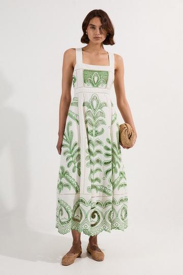 Green Cutwork Embroidered Woven Midi Prom Dress