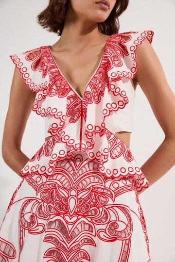 Cutwork Embroidered Ruffle Woven Dress red