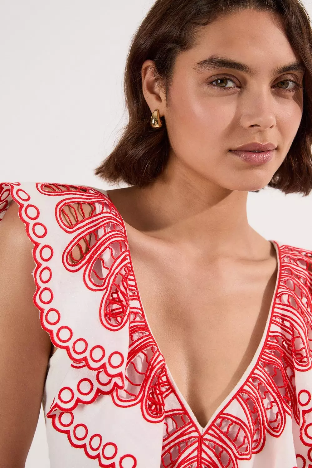 Cutwork Embroidered Ruffle Woven Mini Dress | Karen Millen