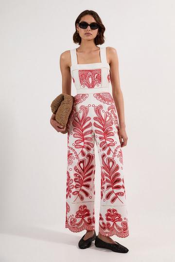 Cutwork Embroidered Wide Leg Woven Jumpsuit red