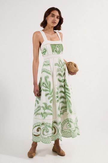 Green Petite Cutwork Embroidered Wide Woven Midi Prom Dress