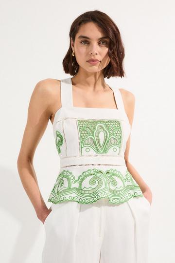 Green Petite Cutwork Embroidered Ruffle Woven Strappy Top