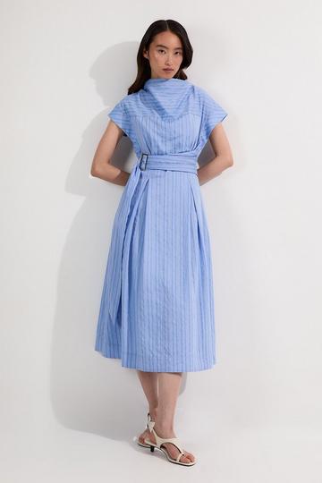 Cotton Stripe High Neck Belted Woven Midi Shirt Dress blue