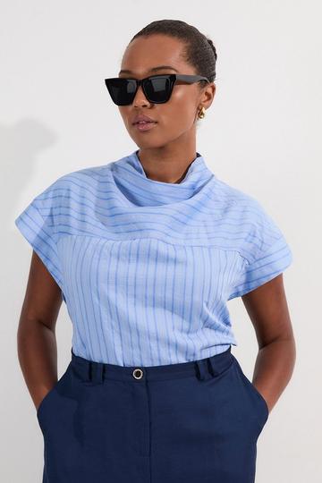 Plus Size Cotton Stripe High Neck Woven Top blue