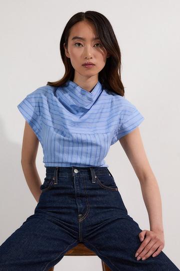 Cotton Stripe High Neck Woven Top blue