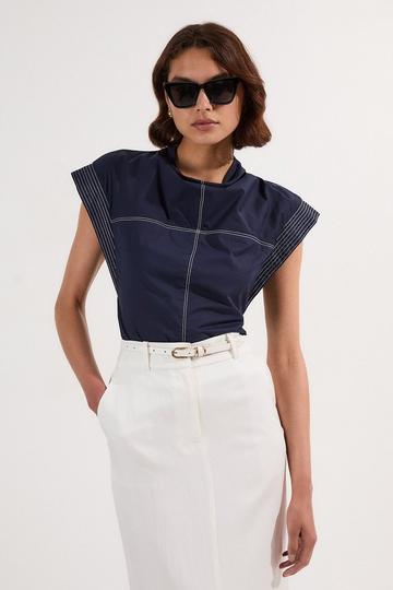 Navy Top Stitch Cotton Poplin Open Back Woven Top