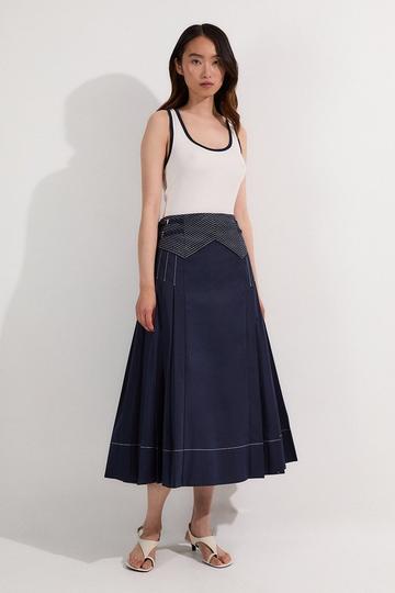 Navy Cotton Poplin Top Stitch Detail Woven Pleat Skirt